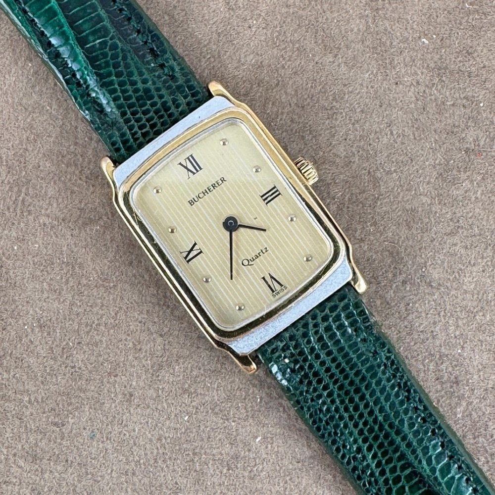 Vintage Bucherer Women's Green Leather Strap Gold-Tone Rectangular Quartz Watch